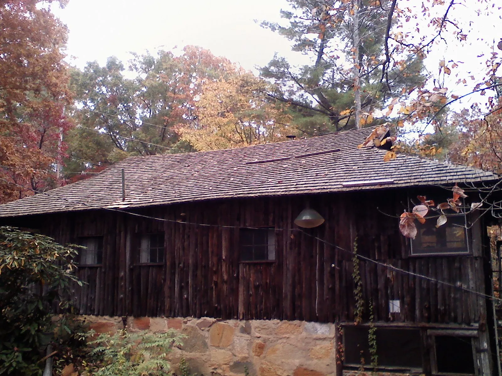 Weathered wood shake roof on a rustic board sided cabin in Lore City